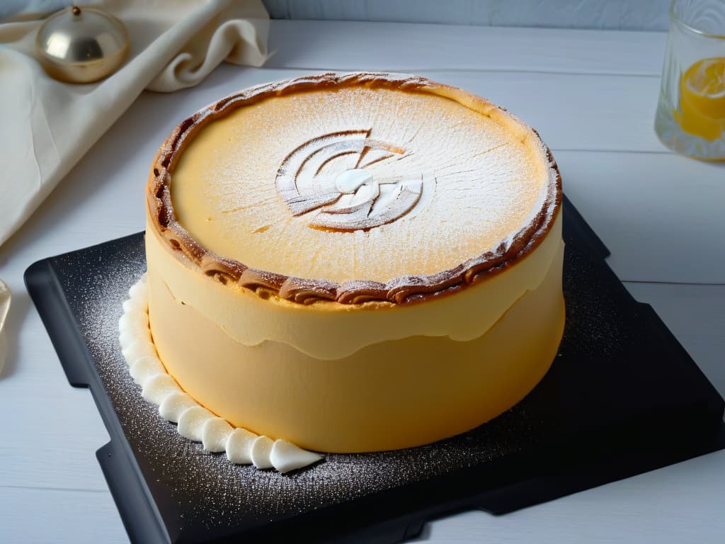  A closeup, ultradetailed image of a perfectly baked, moist and fluffy sponge cake, with a golden crust on top, set on a sleek, matte black plate. The cake is adorned with a light dusting of powdered sugar on its surface, emphasizing its texture and highlighting the role of sugar in maintaining its moisture. The lighting is soft and directional, casting subtle shadows to enhance the depth and richness of the cake's appearance. This minimalistic image captures the essence of the article's focus on the crucial role of sugar in preserving the moisture of cakes and pastries. hyperrealistic, full body, detailed clothing, highly detailed, cinematic lighting, stunningly beautiful, intricate, sharp focus, f/1. 8, 85mm, (centered image composition), (professionally color graded), ((bright soft diffused light)), volumetric fog, trending on instagram, trending on tumblr, HDR 4K, 8K