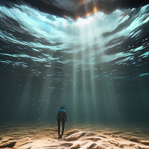  Dark and gloomy ocean floor with rays of the sun. Use black and blue tones. hyperrealistic, full body, detailed clothing, highly detailed, cinematic lighting, stunningly beautiful, intricate, sharp focus, f/1. 8, 85mm, (centered image composition), (professionally color graded), ((bright soft diffused light)), volumetric fog, trending on instagram, trending on tumblr, HDR 4K, 8K