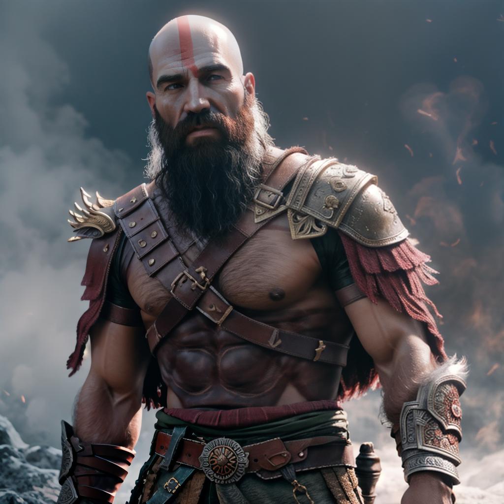  God of war hyperrealistic, full body, detailed clothing, highly detailed, cinematic lighting, stunningly beautiful, intricate, sharp focus, f/1. 8, 85mm, (centered image composition), (professionally color graded), ((bright soft diffused light)), volumetric fog, trending on instagram, trending on tumblr, HDR 4K, 8K