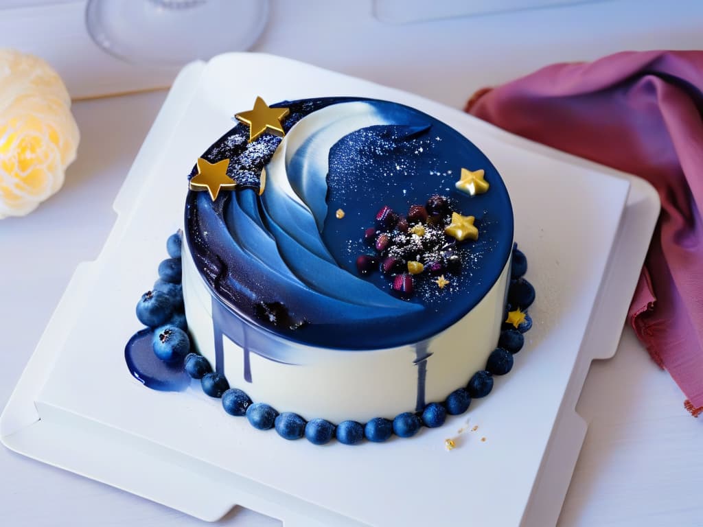  An artistic and minimalistic image showcasing a deconstructed version of Vincent van Gogh's "Starry Night" transformed into a visually stunning dessert. The dessert features a swirl of rich blueberry compote representing the swirling night sky, accented with edible gold leaf stars, and a delicate white chocolate moon. The plate is elegantly presented on a sleek, black background, emphasizing the vibrant colors and intricate details of the dessert inspired by the iconic painting. hyperrealistic, full body, detailed clothing, highly detailed, cinematic lighting, stunningly beautiful, intricate, sharp focus, f/1. 8, 85mm, (centered image composition), (professionally color graded), ((bright soft diffused light)), volumetric fog, trending on instagram, trending on tumblr, HDR 4K, 8K