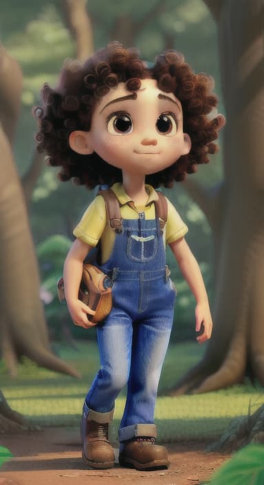  {The tree with a twinkling eye, while its leaves gently rustle., Riley, a curious with big brown eyes and curly hair, wearing overalls and carrying a small backpack. Their friend, Skye, a bluebird with shiny feathers.