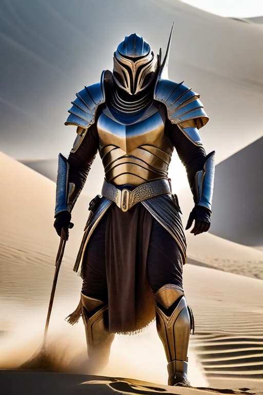  Dune warrior hyperrealistic, full body, detailed clothing, highly detailed, cinematic lighting, stunningly beautiful, intricate, sharp focus, f/1. 8, 85mm, (centered image composition), (professionally color graded), ((bright soft diffused light)), volumetric fog, trending on instagram, trending on tumblr, HDR 4K, 8K