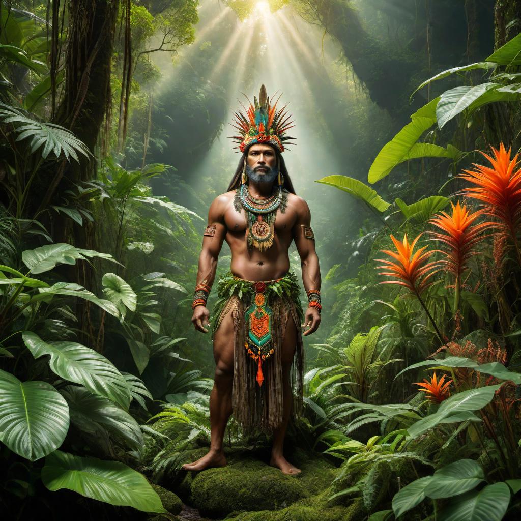  An abstract representation of God with elements symbolizing Ayahuasca, set in a lush jungle environment. Include a depiction of a traditional head hunter from Ecuador, capturing the spiritual and cultural essence of the scene. hyperrealistic, full body, detailed clothing, highly detailed, cinematic lighting, stunningly beautiful, intricate, sharp focus, f/1. 8, 85mm, (centered image composition), (professionally color graded), ((bright soft diffused light)), volumetric fog, trending on instagram, trending on tumblr, HDR 4K, 8K