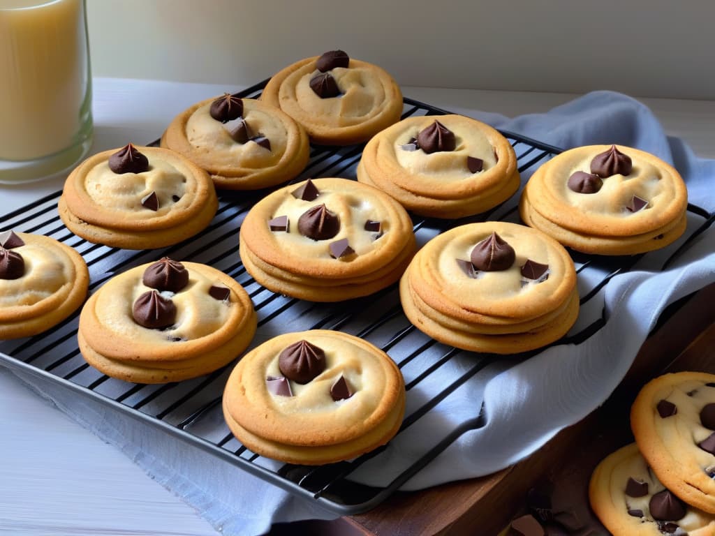  A closeup, photorealistic image of a freshly baked batch of sugarfree chocolate chip cookies cooling on a wire rack, with steam gently rising from the warm cookies. The cookies are perfectly golden brown with melty chocolate chips scattered throughout, set against a rustic kitchen backdrop with soft natural lighting highlighting the texture and details of the cookies. hyperrealistic, full body, detailed clothing, highly detailed, cinematic lighting, stunningly beautiful, intricate, sharp focus, f/1. 8, 85mm, (centered image composition), (professionally color graded), ((bright soft diffused light)), volumetric fog, trending on instagram, trending on tumblr, HDR 4K, 8K