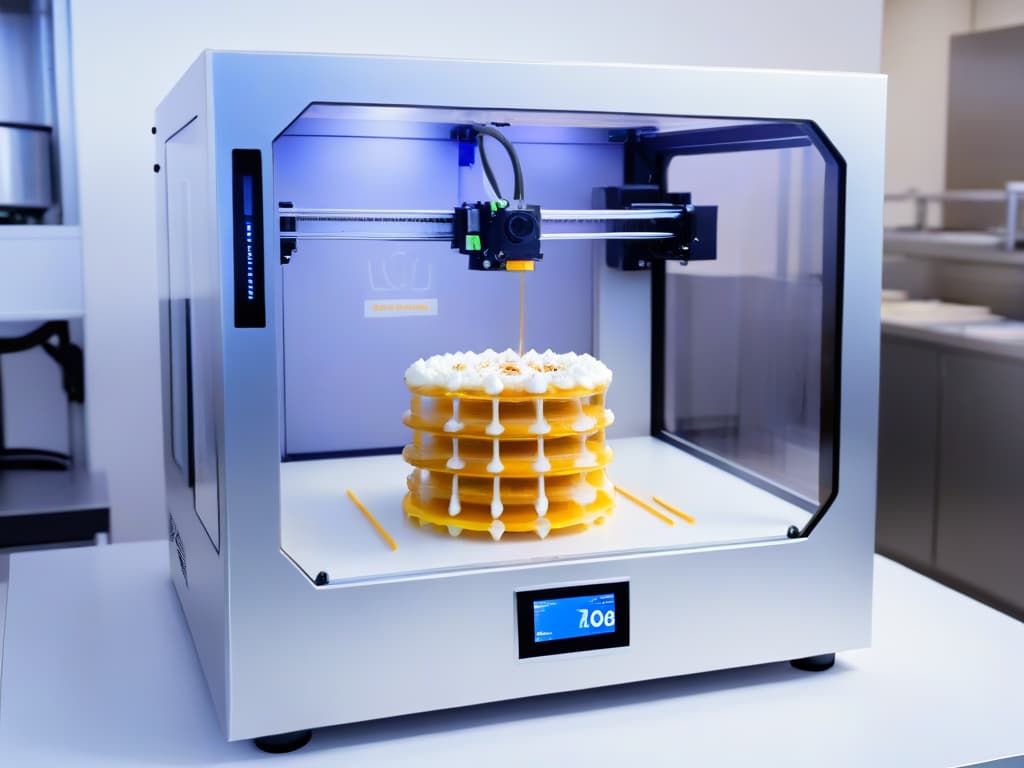  An ultradetailed image of a sleek, futuristic 3D printer specifically designed for pastry and confectionery applications. The machine is crafted from gleaming silver metal and transparent glass, featuring intricate piping and precision engineering. It is set against a clean, white backdrop, emphasizing its cuttingedge design and advanced technology. The 3D printer is delicately creating a intricate sugar sculpture, showcasing its innovative capabilities in modern pastry decoration. hyperrealistic, full body, detailed clothing, highly detailed, cinematic lighting, stunningly beautiful, intricate, sharp focus, f/1. 8, 85mm, (centered image composition), (professionally color graded), ((bright soft diffused light)), volumetric fog, trending on instagram, trending on tumblr, HDR 4K, 8K