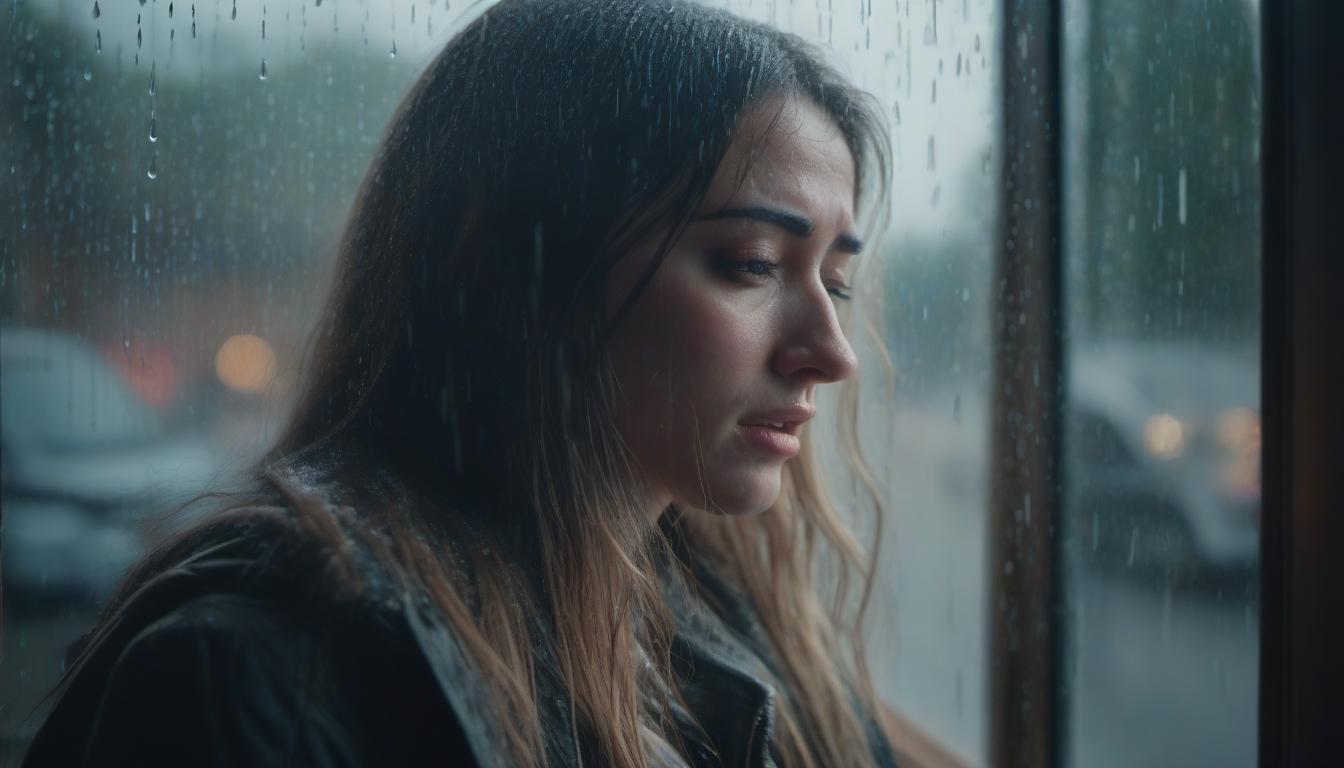  A long haired girl is crying by the window, rain outside. hyperrealistic, full body, detailed clothing, highly detailed, cinematic lighting, stunningly beautiful, intricate, sharp focus, f/1. 8, 85mm, (centered image composition), (professionally color graded), ((bright soft diffused light)), volumetric fog, trending on instagram, trending on tumblr, HDR 4K, 8K