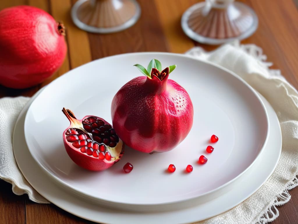  An elegant and minimalistic image of a luscious pomegranate cut in half, showcasing the rubyred juicy seeds neatly arranged on a simple, white ceramic plate. The seeds glisten with freshness, and the intricate details of the pomegranate's inner structure are clearly visible, creating a visually stunning and appetizing composition. hyperrealistic, full body, detailed clothing, highly detailed, cinematic lighting, stunningly beautiful, intricate, sharp focus, f/1. 8, 85mm, (centered image composition), (professionally color graded), ((bright soft diffused light)), volumetric fog, trending on instagram, trending on tumblr, HDR 4K, 8K