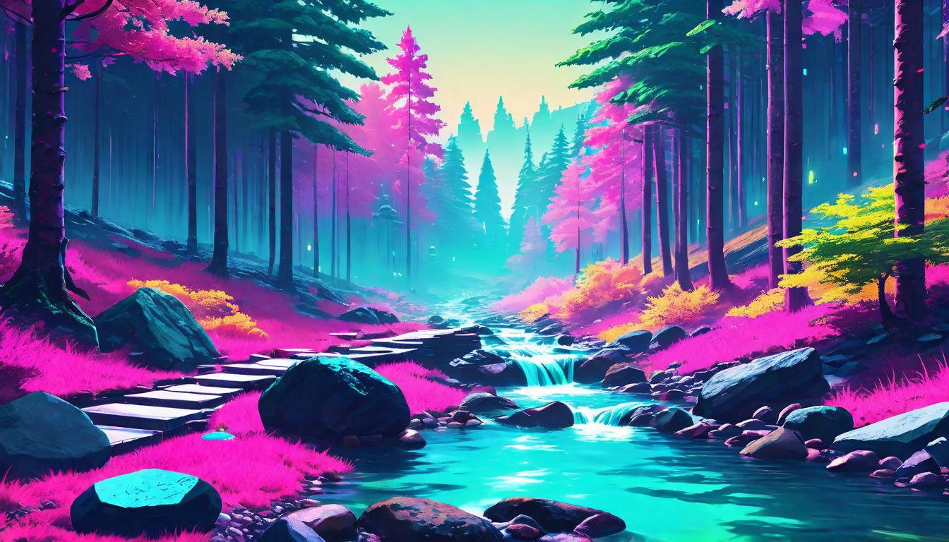  vaporwave,cyberpunk game style A gentle stream in the woods, clear water flowing over smooth stones, embodying calm and control through guided breathing, tranquil, soothingeon, dystopian, futuristic, digital, vibrant, detailed, high contrast, reminiscent of cyberpunk genre video games,retro aesthetic, cyberpunk, vibrant, neon colors, vintage 80s and 90s style, highly detailed