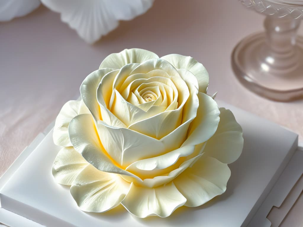  A closeup, ultradetailed image of a delicate, intricate sugar sculpture taking the form of a blooming rose. Each petal is meticulously crafted, capturing the light in a way that highlights the fine details and textures of the sugar. The background is softly blurred, emphasizing the smooth curves and elegant beauty of the sugary creation. hyperrealistic, full body, detailed clothing, highly detailed, cinematic lighting, stunningly beautiful, intricate, sharp focus, f/1. 8, 85mm, (centered image composition), (professionally color graded), ((bright soft diffused light)), volumetric fog, trending on instagram, trending on tumblr, HDR 4K, 8K