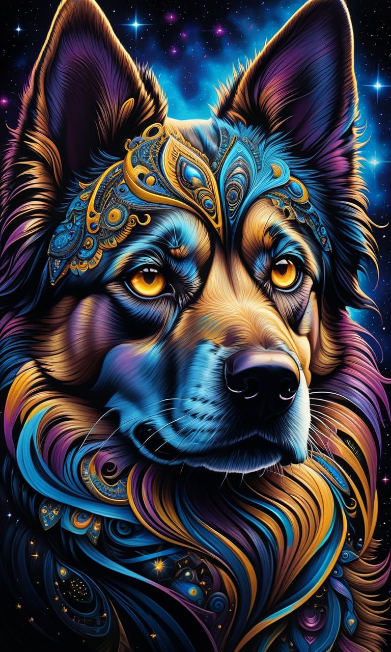  (psychedelic art, highly detailed, fantasy art:1.3), mesmerizing dog's face, intense glowing eyes with swirling colors, stunning blend of black, blue, and yellow hues, intricate patterns and designs, cosmic background with galaxies and stars, ethereal and mystical atmosphere, otherworldly beauty, intricate celestial patterns, cosmic energy radiating from the eyes, mesmerizing and captivating gaze, transcendent and surreal, vibrant and dynamic composition, close up shot capturing every intricate detail. hyperrealistic, full body, detailed clothing, highly detailed, cinematic lighting, stunningly beautiful, intricate, sharp focus, f/1. 8, 85mm, (centered image composition), (professionally color graded), ((bright soft diffused light)), volumetric fog, trending on instagram, trending on tumblr, HDR 4K, 8K