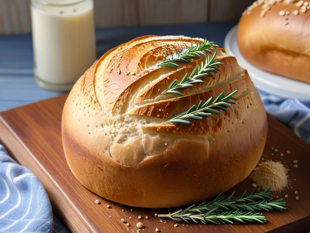  A closeup, ultradetailed image of freshly baked artisanal bread sitting on a rustic wooden cutting board, surrounded by scattered whole wheat grains and a sprig of fresh rosemary. The bread's golden crust glistens under the soft natural light, showcasing its intricate pattern of cracks and bubbles. Each individual sesame seed and speck of salt on the bread's surface is crisp and defined, inviting the viewer to almost smell the warm, comforting aroma of freshly baked bread. hyperrealistic, full body, detailed clothing, highly detailed, cinematic lighting, stunningly beautiful, intricate, sharp focus, f/1. 8, 85mm, (centered image composition), (professionally color graded), ((bright soft diffused light)), volumetric fog, trending on instagram, trending on tumblr, HDR 4K, 8K