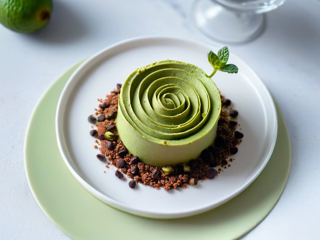  A closeup, ultradetailed image of a perfectly sliced avocado rose on top of a grainfree, sugarfree chocolate avocado mousse, garnished with a sprinkle of cacao nibs and a delicate mint leaf, all presented on a sleek, modern white plate with soft lighting to highlight the textures and colors of the dessert. hyperrealistic, full body, detailed clothing, highly detailed, cinematic lighting, stunningly beautiful, intricate, sharp focus, f/1. 8, 85mm, (centered image composition), (professionally color graded), ((bright soft diffused light)), volumetric fog, trending on instagram, trending on tumblr, HDR 4K, 8K