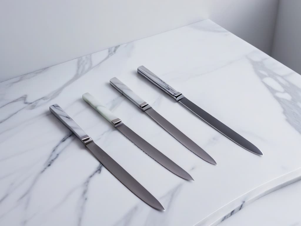  A closeup, ultradetailed image of a sleek, highquality set of pastry knives elegantly arranged on a pristine marble countertop. The knives have precision blades glistening under soft, natural lighting, showcasing their impeccable craftsmanship and sharpness. The minimalist composition highlights the beauty and functionality of the knives, appealing to the professional and aspirational aesthetic of the audience interested in quality pastry tools. hyperrealistic, full body, detailed clothing, highly detailed, cinematic lighting, stunningly beautiful, intricate, sharp focus, f/1. 8, 85mm, (centered image composition), (professionally color graded), ((bright soft diffused light)), volumetric fog, trending on instagram, trending on tumblr, HDR 4K, 8K