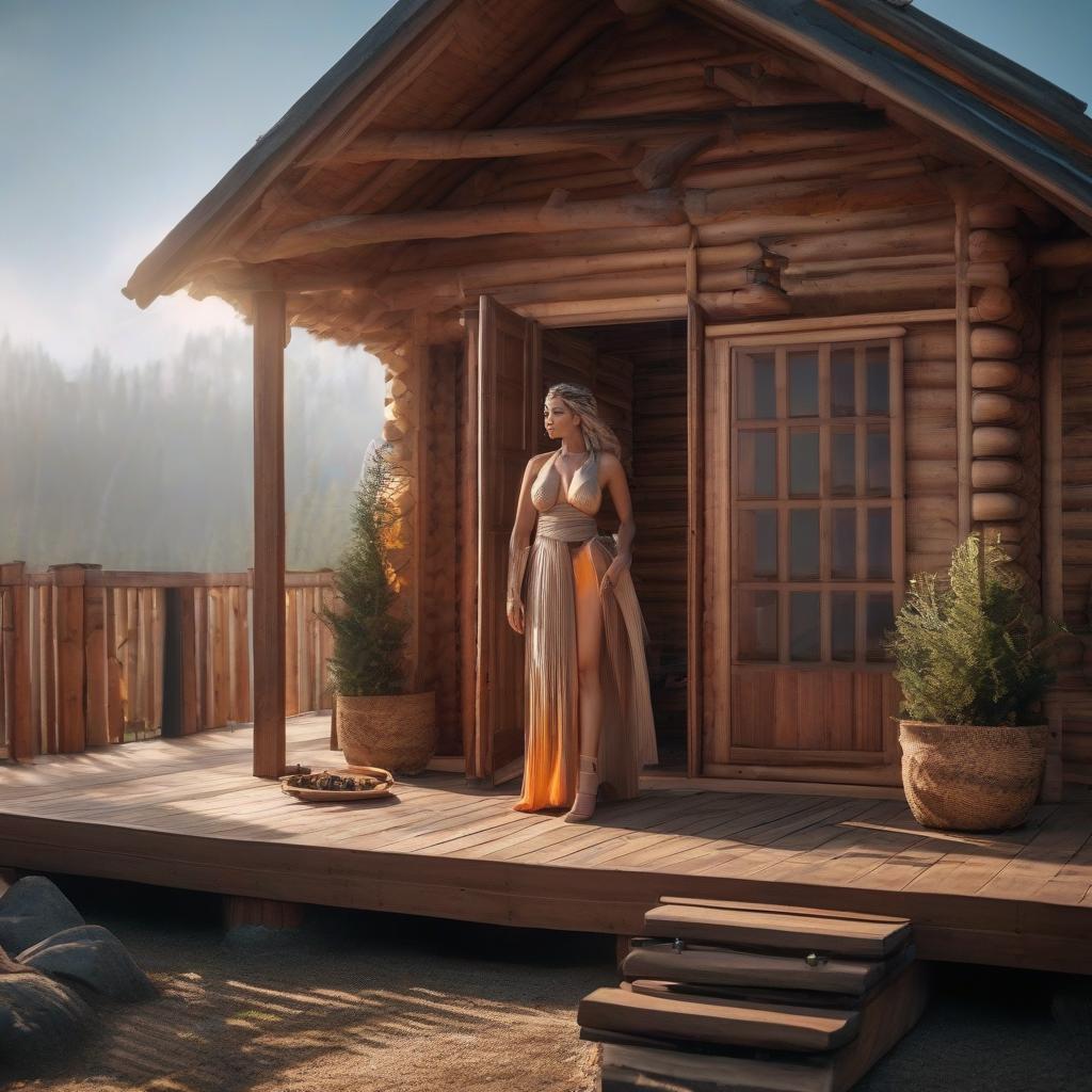  Banya made of profiled timber. hyperrealistic, full body, detailed clothing, highly detailed, cinematic lighting, stunningly beautiful, intricate, sharp focus, f/1. 8, 85mm, (centered image composition), (professionally color graded), ((bright soft diffused light)), volumetric fog, trending on instagram, trending on tumblr, HDR 4K, 8K