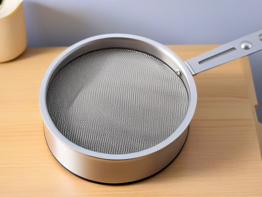  A closeup, ultradetailed image of a sleek, stainless steel sifter with fine mesh, casting a soft shadow on a light wooden surface. The focus is on the intricate pattern of the mesh, capturing the elegance and precision of the kitchen tool. hyperrealistic, full body, detailed clothing, highly detailed, cinematic lighting, stunningly beautiful, intricate, sharp focus, f/1. 8, 85mm, (centered image composition), (professionally color graded), ((bright soft diffused light)), volumetric fog, trending on instagram, trending on tumblr, HDR 4K, 8K