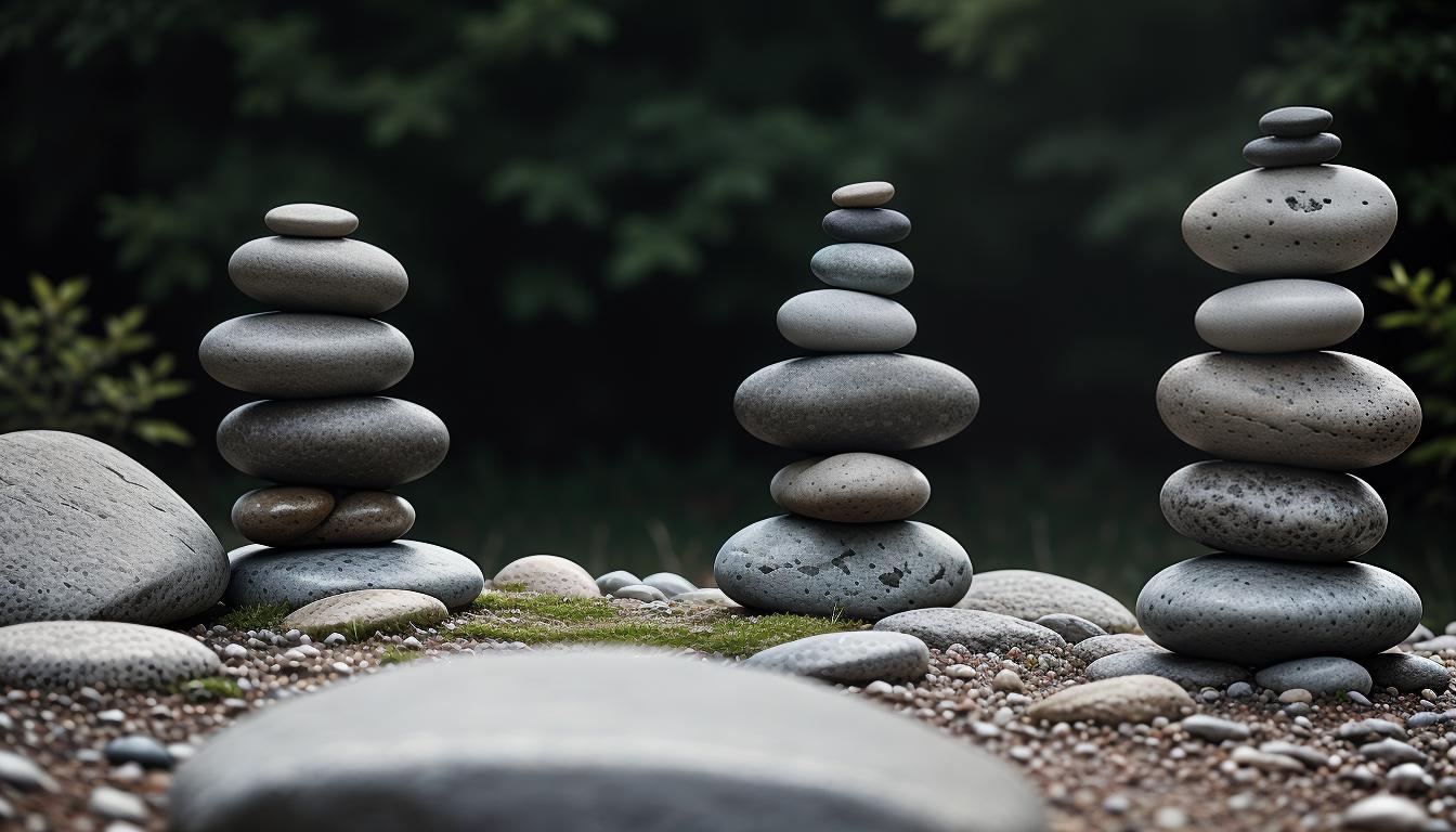  Neuro enlightenmentA person balancing stones in a cairn, background of intricate patterns, careful consideration, precise arrangement, underlying practicality, thoughtful actions, 4k, HDR, sleek, modern design, vibrant, interactive visuals, contemporary aesthetics, highly engaging, mind expanding