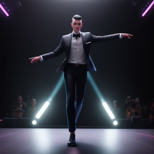  a boy dancing on stage, cyber cinematic, colorful background, abstract hyperrealistic, full body, detailed clothing, highly detailed, cinematic lighting, stunningly beautiful, intricate, sharp focus, f/1. 8, 85mm, (centered image composition), (professionally color graded), ((bright soft diffused light)), volumetric fog, trending on instagram, trending on tumblr, HDR 4K, 8K