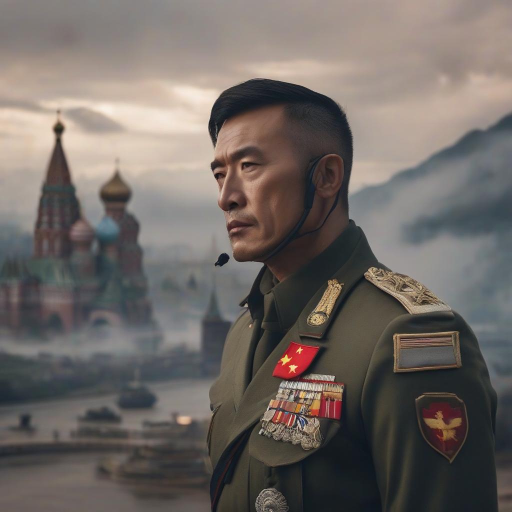  A Chinese man, wearing military uniform, a pilot, and the Russian flag. hyperrealistic, full body, detailed clothing, highly detailed, cinematic lighting, stunningly beautiful, intricate, sharp focus, f/1. 8, 85mm, (centered image composition), (professionally color graded), ((bright soft diffused light)), volumetric fog, trending on instagram, trending on tumblr, HDR 4K, 8K