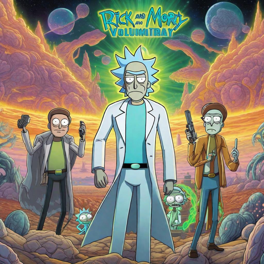  Rick and Morty, realistic, portrait, art by donato giancola and greg rutkowski, realistic face, digital art, trending on artstation hyperrealistic, full body, detailed clothing, highly detailed, cinematic lighting, stunningly beautiful, intricate, sharp focus, f/1. 8, 85mm, (centered image composition), (professionally color graded), ((bright soft diffused light)), volumetric fog, trending on instagram, trending on tumblr, HDR 4K, 8K