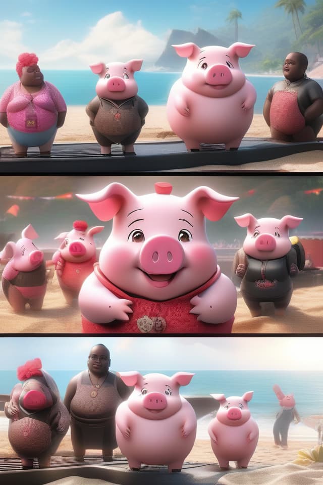  extremely obese girl、pink colored hair、((bright deep pink colored drooping pig's ears:1.4、ultra detailed plump & fat face sweaty smile:1.4、ultra detailed shiny black skin:1.4))、(((on the beach:1.4、barbecue:1.4)))、(、eating a lot of barbecue)、dutch angle、best quality:1.4、masterpiece:1.4、ultra detailed texture、RAW photorealistic、absurd resolution、8K illustration、💩、💩、💩、💩、 hyperrealistic, full body, detailed clothing, highly detailed, cinematic lighting, stunningly beautiful, intricate, sharp focus, f/1. 8, 85mm, (centered image composition), (professionally color graded), ((bright soft diffused light)), volumetric fog, trending on instagram, trending on tumblr, HDR 4K, 8K