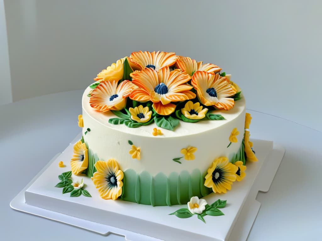  A closeup, ultradetailed image of a perfectly baked threetiered cake, intricately decorated with colorful fondant flowers and delicate piping details. The cake sits on a pristine white cake stand, with soft natural light casting gentle shadows to highlight the craftsmanship and artistry of the dessert. Each petal of the flowers and swirl of icing is so finely detailed that every texture and nuance is visible, showcasing the skill and creativity involved in creating such a masterpiece of confectionery artistry. hyperrealistic, full body, detailed clothing, highly detailed, cinematic lighting, stunningly beautiful, intricate, sharp focus, f/1. 8, 85mm, (centered image composition), (professionally color graded), ((bright soft diffused light)), volumetric fog, trending on instagram, trending on tumblr, HDR 4K, 8K