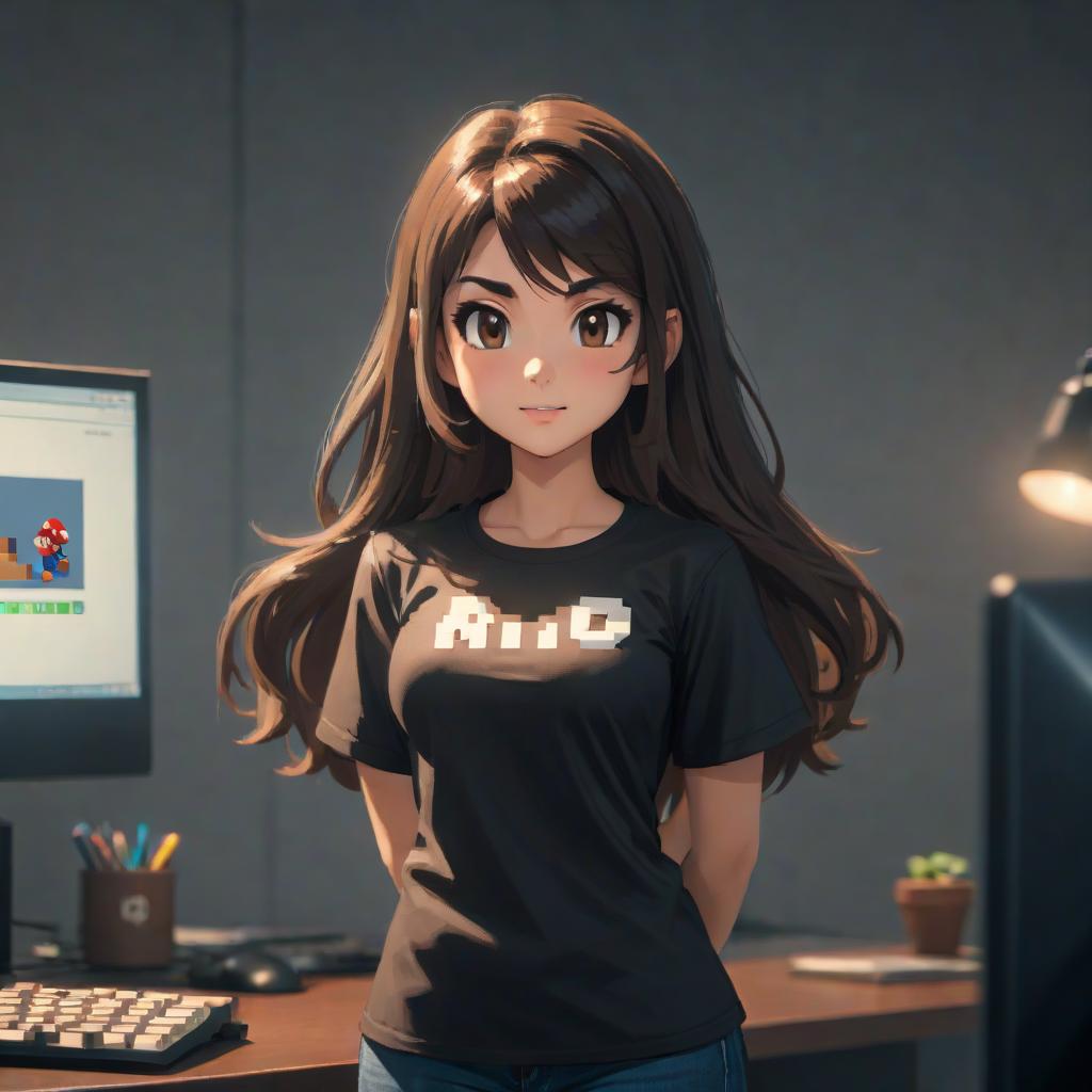  Super Mario style Portrait, young in gles, long hair down to her waist without bangs, hair color is dark nut, slightly lowered dark brown eyes. with gles. In a black oversized football shirt without print. Background modern room behind a switched on computer with a turned on monitor. In the style of 2D animation. . vint, cute, cartoony, fantasy, , reminiscent of Super Mario series hyperrealistic, full body, detailed clothing, highly detailed, cinematic lighting, stunningly beautiful, intricate, sharp focus, f/1. 8, 85mm, (centered image composition), (professionally color graded), ((bright soft diffused light)), volumetric fog, trending on instagram, trending on tumblr, HDR 4K, 8K