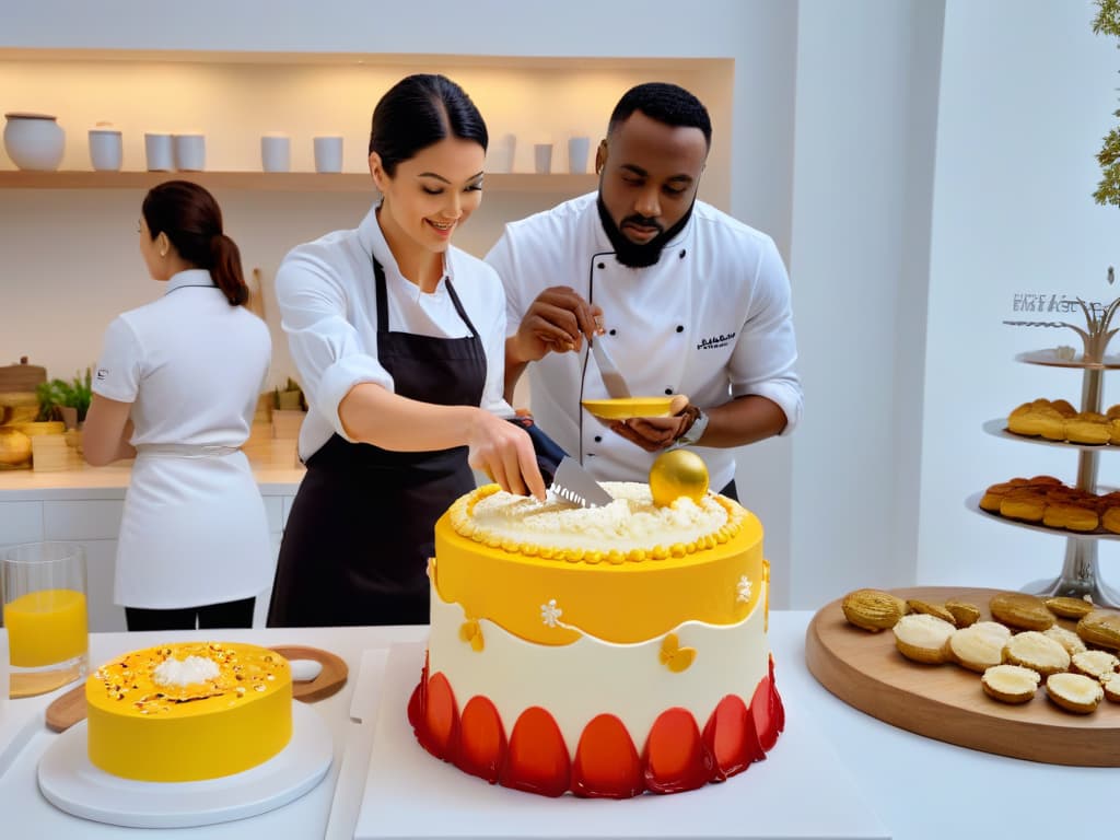  An ultradetailed, photorealistic image of a diverse group of people, including a chef, a baker, and a nutritionist, collaborating in a modern, welllit kitchen. The chef is skillfully decorating a glutenfree cake, the baker is carefully measuring glutenfree flour, and the nutritionist is examining a variety of glutenfree ingredients. The image conveys a sense of teamwork, expertise, and creativity in the realm of glutenfree baking, with colorful ingredients and tools neatly organized around the kitchen. hyperrealistic, full body, detailed clothing, highly detailed, cinematic lighting, stunningly beautiful, intricate, sharp focus, f/1. 8, 85mm, (centered image composition), (professionally color graded), ((bright soft diffused light)), volumetric fog, trending on instagram, trending on tumblr, HDR 4K, 8K