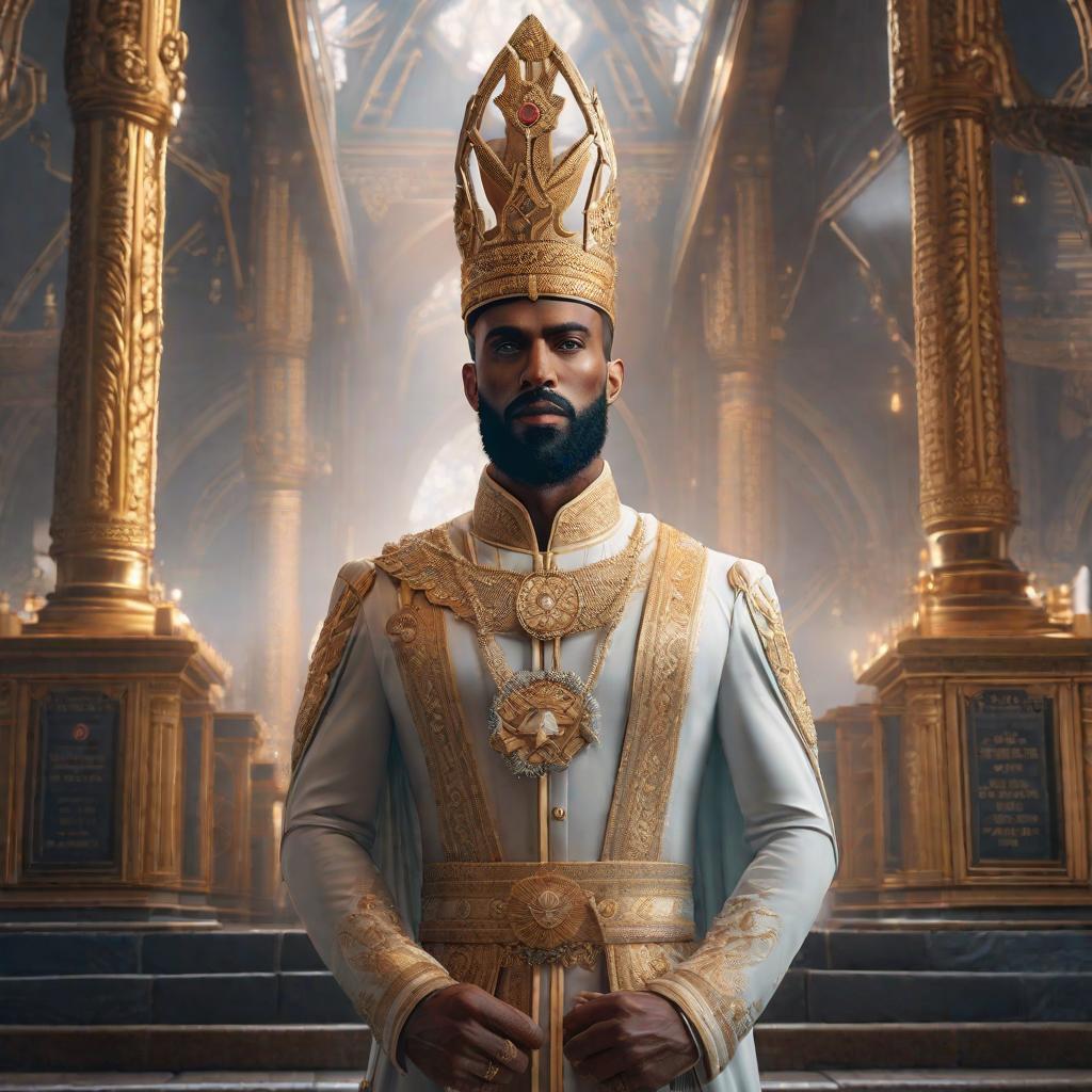  King ethereum hyperrealistic, full body, detailed clothing, highly detailed, cinematic lighting, stunningly beautiful, intricate, sharp focus, f/1. 8, 85mm, (centered image composition), (professionally color graded), ((bright soft diffused light)), volumetric fog, trending on instagram, trending on tumblr, HDR 4K, 8K