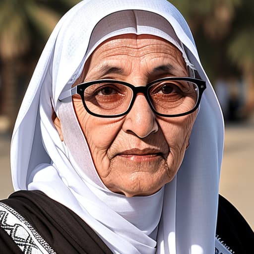  Generate an image of an Arabian grandmother from Jeddah, Saudi Arabia, wearing a white or off-white Hijab and glasses. The photo should capture her from the front, highlighting her traditional attire and reflecting the cultural essence of the Hijaz region.