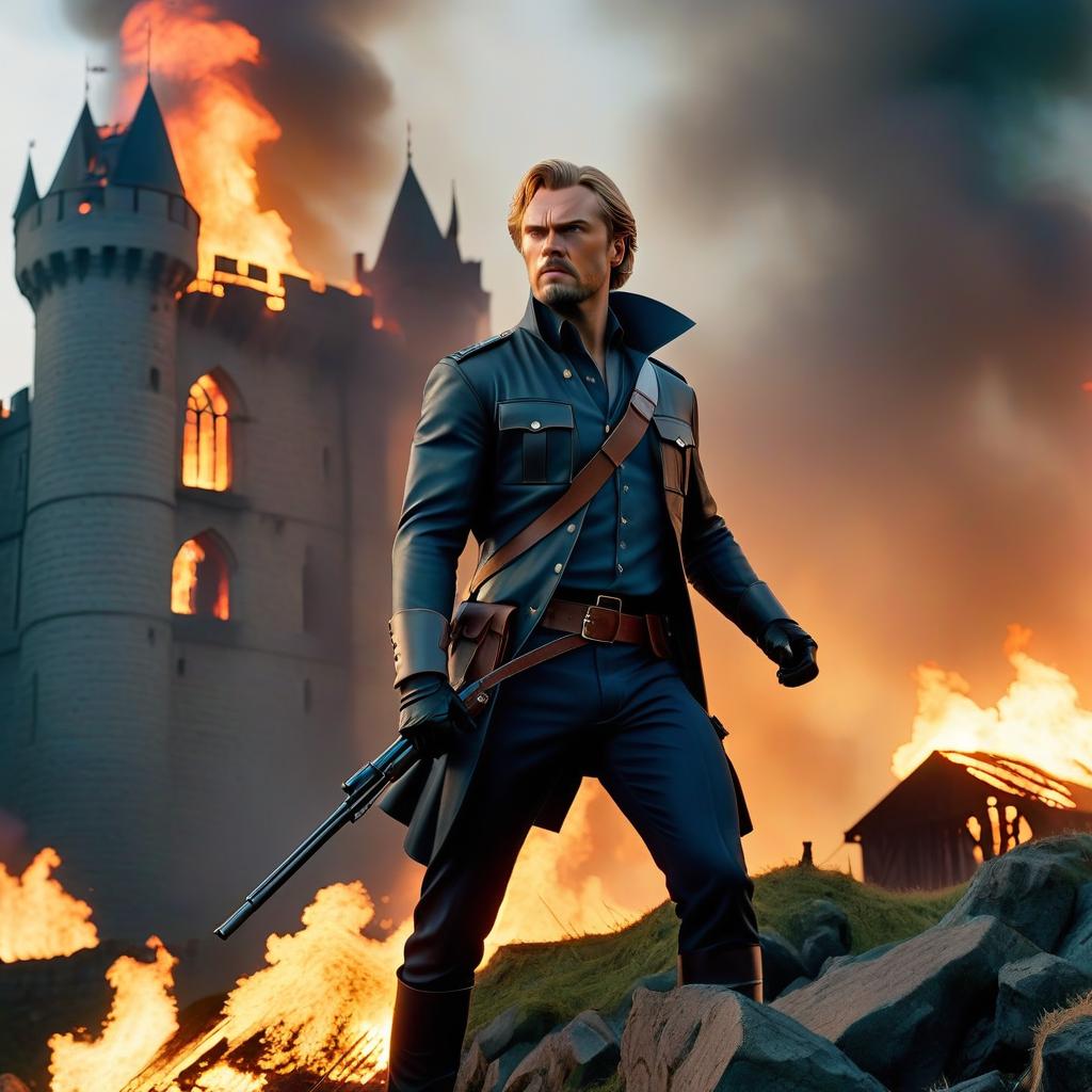  Leo, against the backdrop of a burning castle, fighting against zombies. > **You asked:** Lev, on the backdrop of a burning castle, fighting against zombies. > **I answered:** Leo, in the presence of a burning castle, is waging war against zombies. hyperrealistic, full body, detailed clothing, highly detailed, cinematic lighting, stunningly beautiful, intricate, sharp focus, f/1. 8, 85mm, (centered image composition), (professionally color graded), ((bright soft diffused light)), volumetric fog, trending on instagram, trending on tumblr, HDR 4K, 8K