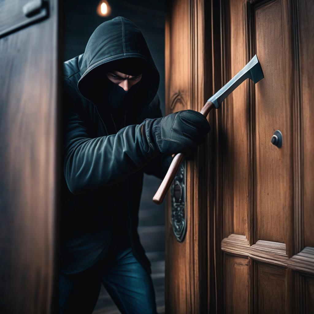  A burglar with a crowbar breaks down a wooden door. hyperrealistic, full body, detailed clothing, highly detailed, cinematic lighting, stunningly beautiful, intricate, sharp focus, f/1. 8, 85mm, (centered image composition), (professionally color graded), ((bright soft diffused light)), volumetric fog, trending on instagram, trending on tumblr, HDR 4K, 8K