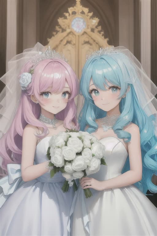  Two beautiful girls, fluffy hair, pastel color, wedding, wedding dress, wedding, shine,, big,