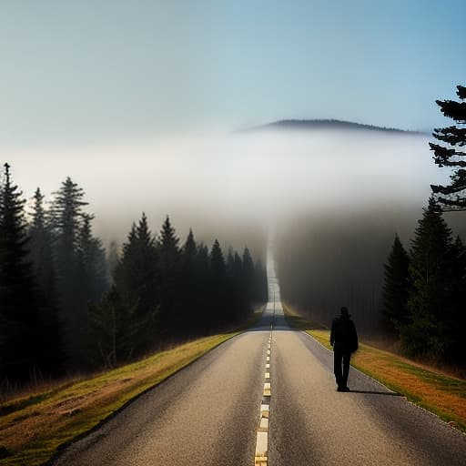  A man walks along a road in a forest in fog view from the back