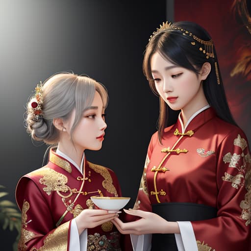  2girls, digital art, intricate details, delicate patterns, cinematic lighting, professional artwork, crimson deity poster, red flame and black swirl, ying yang beautiful girls, illustration, traditional Chinese costume, jewelry, anime style, acrylic oil painting, light white and light silver, gold, flame, tindal light, smoke, exquisite clothing, traditional clothing, eye-catching details, best quality, hyperrealistic, high quality, highly detailed, cinematic lighting, intricate, sharp focus, f/1. 8, 85mm, (centered image composition), (professionally color graded), ((bright soft diffused light)), volumetric fog, trending on instagram, HDR 4K, 8K