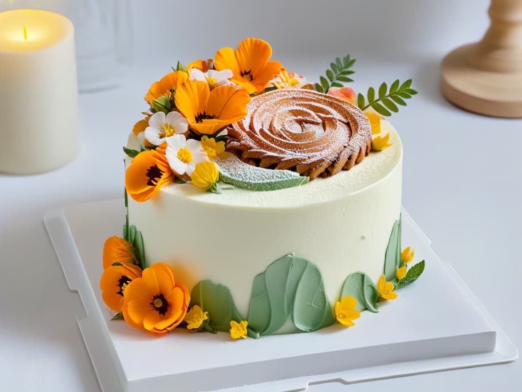  A closeup, highresolution image of a beautifully decorated multilayered cake sitting on a sleek, white marble countertop. The cake is adorned with vibrant edible flowers, delicate fondant decorations, and meticulously piped frosting swirls. The soft, natural light coming from a nearby window casts a gentle shadow, highlighting the intricate details and textures of the cake. The minimalist composition focuses on the artistry and craftsmanship of the dessert, inviting viewers to appreciate the skill and creativity involved in pastry making. hyperrealistic, full body, detailed clothing, highly detailed, cinematic lighting, stunningly beautiful, intricate, sharp focus, f/1. 8, 85mm, (centered image composition), (professionally color graded), ((bright soft diffused light)), volumetric fog, trending on instagram, trending on tumblr, HDR 4K, 8K