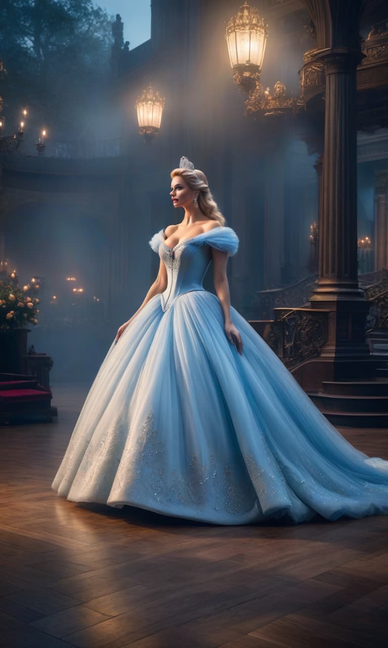  Cinderella met the prince at the ball hyperrealistic, full body, detailed clothing, highly detailed, cinematic lighting, stunningly beautiful, intricate, sharp focus, f/1. 8, 85mm, (centered image composition), (professionally color graded), ((bright soft diffused light)), volumetric fog, trending on instagram, trending on tumblr, HDR 4K, 8K