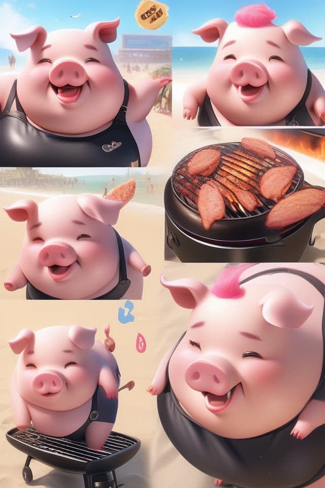  extremely obese girl、pink colored hair、((bright deep pink colored drooping pig's ears:1.4、ultra detailed plump & fat face sweaty smile:1.4、ultra detailed shiny black skin:1.4))、(((on the beach:1.4、barbecue:1.4)))、(、eating a lot of barbecue)、dutch angle、best quality:1.4、masterpiece:1.4、ultra detailed texture、RAW photorealistic、absurd resolution、8K illustration、💩、💩