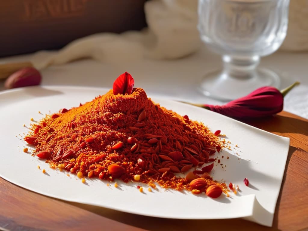  An exquisite closeup image of a delicate saffron flower petal, showcasing its vibrant redorange hue and intricate details, set against a softfocus background of a rustic kitchen table with scattered saffron threads and a vintage mortar and pestle. The image captures the essence of the precious spice, evoking a sense of elegance and culinary artistry. hyperrealistic, full body, detailed clothing, highly detailed, cinematic lighting, stunningly beautiful, intricate, sharp focus, f/1. 8, 85mm, (centered image composition), (professionally color graded), ((bright soft diffused light)), volumetric fog, trending on instagram, trending on tumblr, HDR 4K, 8K