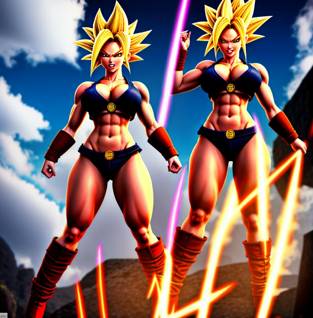  ((foto de cuerpo completo, pie plano, cuerpo recto)), ((laura {Super Super Saiyan mujer con grandes pechos})), ((lleva puesto son goku+Los disfraces de ella son extremadamente ajustados a su cuerpo.))