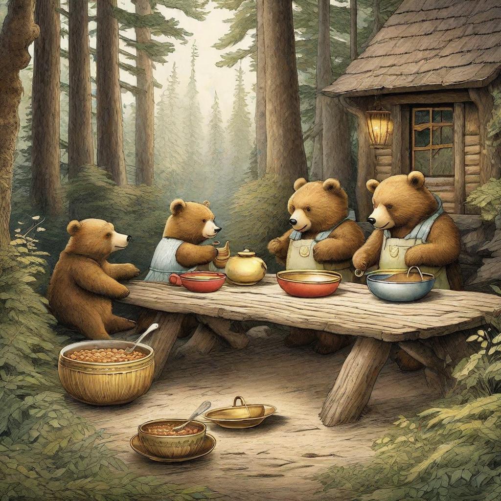  Story: 'Goldilocks and the Three Bears" Scene Description: Imagine a warm, cozy forest cabin. Goldilocks, the curious , is caught in the act of tasting the bowls of porridge set out by the family of three bears. She's bewildered when realizing that the third bowl, which belongs to the tiny bear, is just perfect. The bears' table, with the three different-sized bowls, chairs - large, medium, small - for Papa bear, Mama bear, and bear, respectively, all have a rustic appearance. The cabin should exhibit a friendly atmosphere with forest cabin elements like wooden walls and a cozy fireplace. Include details to show that the cabin is lived in and loved, like rag rugs, picture frames, and bear-sized furniture throughout.  hyperrealistic, full body, detailed clothing, highly detailed, cinematic lighting, stunningly beautiful, intricate, sharp focus, f/1. 8, 85mm, (centered image composition), (professionally color graded), ((bright soft diffused light)), volumetric fog, trending on instagram, trending on tumblr, HDR 4K, 8K