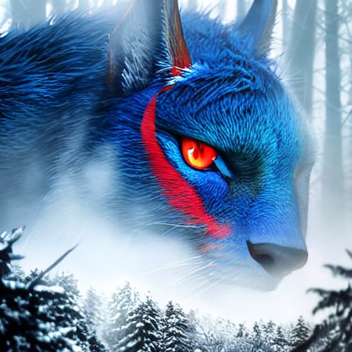  Blue beast with red eye Enchanted Forests, Dynamic Depth of Field hyperrealistic, full body, detailed clothing, highly detailed, cinematic lighting, stunningly beautiful, intricate, sharp focus, f/1. 8, 85mm, (centered image composition), (professionally color graded), ((bright soft diffused light)), volumetric fog, trending on instagram, trending on tumblr, HDR 4K, 8K