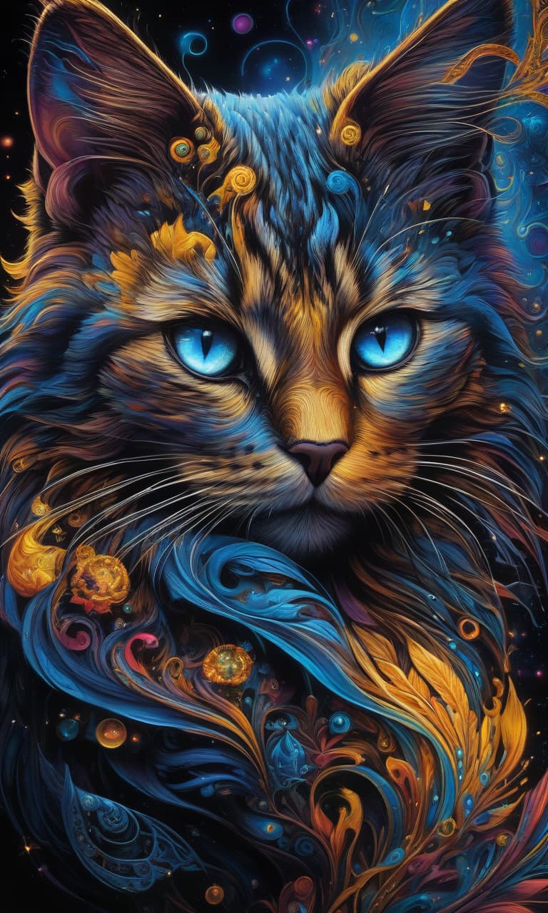  (psychedelic art, highly detailed, fantasy art:1.3), mesmerizing kitten's face, intense glowing eyes with swirling colors, stunning blend of black, blue, and yellow hues, intricate patterns and designs, cosmic background with galaxies and stars, ethereal and mystical atmosphere, otherworldly beauty, intricate celestial patterns, cosmic energy radiating from the eyes, mesmerizing and captivating gaze, transcendent and surreal, vibrant and dynamic composition, close up shot capturing every intricate detail. hyperrealistic, full body, detailed clothing, highly detailed, cinematic lighting, stunningly beautiful, intricate, sharp focus, f/1. 8, 85mm, (centered image composition), (professionally color graded), ((bright soft diffused light)), volumetric fog, trending on instagram, trending on tumblr, HDR 4K, 8K