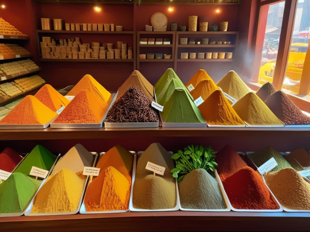  An ultradetailed image of a vibrant, intricately designed spice market bustling with activity, showcasing a variety of exotic spices and herbs neatly arranged in colorful piles on rustic wooden tables under the warm glow of sunlight streaming through a nearby window. The image captures the essence of a sensory journey, with aromatic spices like cinnamon sticks, vibrant saffron threads, fragrant cardamom pods, and fresh herbs like mint and basil enticingly displayed, inviting the viewer to explore the world of unexpected flavors in desserts. hyperrealistic, full body, detailed clothing, highly detailed, cinematic lighting, stunningly beautiful, intricate, sharp focus, f/1. 8, 85mm, (centered image composition), (professionally color graded), ((bright soft diffused light)), volumetric fog, trending on instagram, trending on tumblr, HDR 4K, 8K