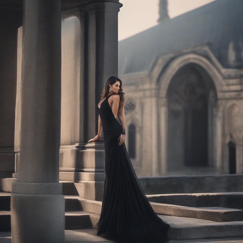  A sad beauty in a black dress on a bell tower. hyperrealistic, full body, detailed clothing, highly detailed, cinematic lighting, stunningly beautiful, intricate, sharp focus, f/1. 8, 85mm, (centered image composition), (professionally color graded), ((bright soft diffused light)), volumetric fog, trending on instagram, trending on tumblr, HDR 4K, 8K