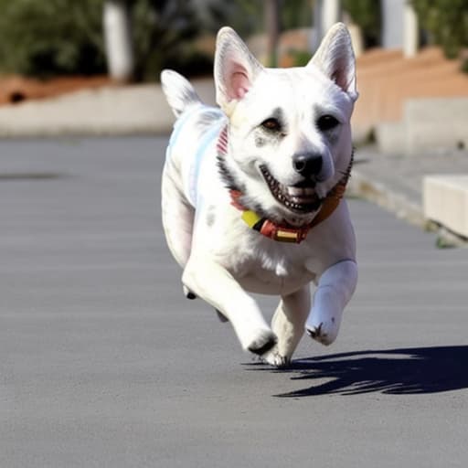  UN PERRO CORRIENDO Y ENCIMA DE SU ESPALDA LLEVA UN GATO BLANCO.