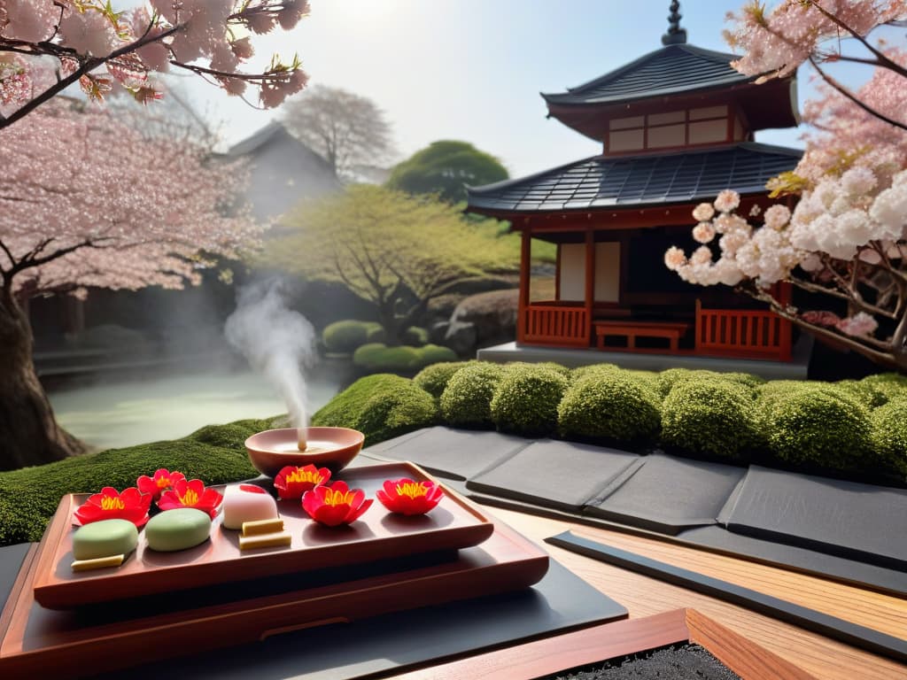  A photorealistic image of a serene Japanese garden with a traditional tea house in the background, surrounded by cherry blossom trees in full bloom. A skilled wagashi master is elegantly crafting intricate wagashi sweets at a wooden table, using delicate tools and vibrant natural ingredients such as matcha powder and red bean paste. The soft sunlight filters through the cherry blossoms, casting a warm glow on the scene and creating a peaceful and inspiring atmosphere for learning the art of wagashi making. hyperrealistic, full body, detailed clothing, highly detailed, cinematic lighting, stunningly beautiful, intricate, sharp focus, f/1. 8, 85mm, (centered image composition), (professionally color graded), ((bright soft diffused light)), volumetric fog, trending on instagram, trending on tumblr, HDR 4K, 8K