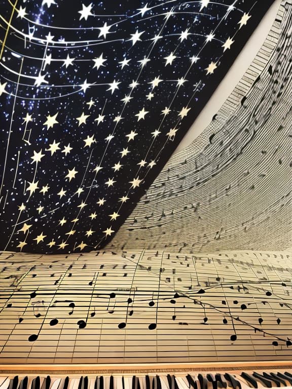  Wallpaper with music notation, piano and sparkling stars