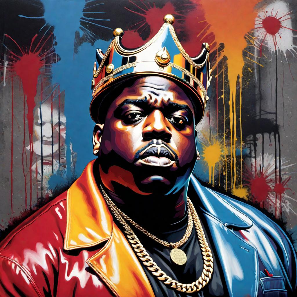  Create an artistic photo of The Notorious B.I.G., also known as Biggie Smalls, with a creative and stylized approach, incorporating elements of urban street art and hip-hop culture. Use bold colors and expressive brushstrokes to give the image a powerful and impactful presence that honors his legacy in rap music. hyperrealistic, full body, detailed clothing, highly detailed, cinematic lighting, stunningly beautiful, intricate, sharp focus, f/1. 8, 85mm, (centered image composition), (professionally color graded), ((bright soft diffused light)), volumetric fog, trending on instagram, trending on tumblr, HDR 4K, 8K