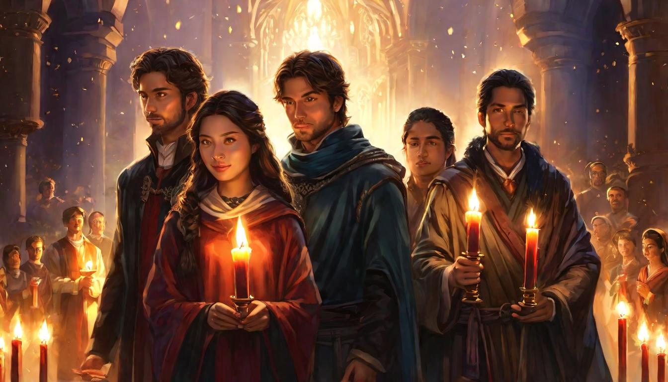  digital illustration, A group of people gathered, holding candles, warm light casting gentle glow, symbolizing fellowship, unity, looking at viewer, dynamic pose, (intricate details, masterpiece, best quality)