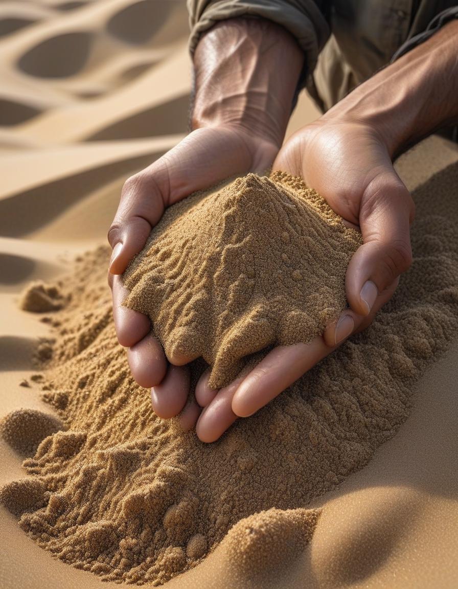  Sand is gradually sifting down through my fingers, from above to below. hyperrealistic, full body, detailed clothing, highly detailed, cinematic lighting, stunningly beautiful, intricate, sharp focus, f/1. 8, 85mm, (centered image composition), (professionally color graded), ((bright soft diffused light)), volumetric fog, trending on instagram, trending on tumblr, HDR 4K, 8K